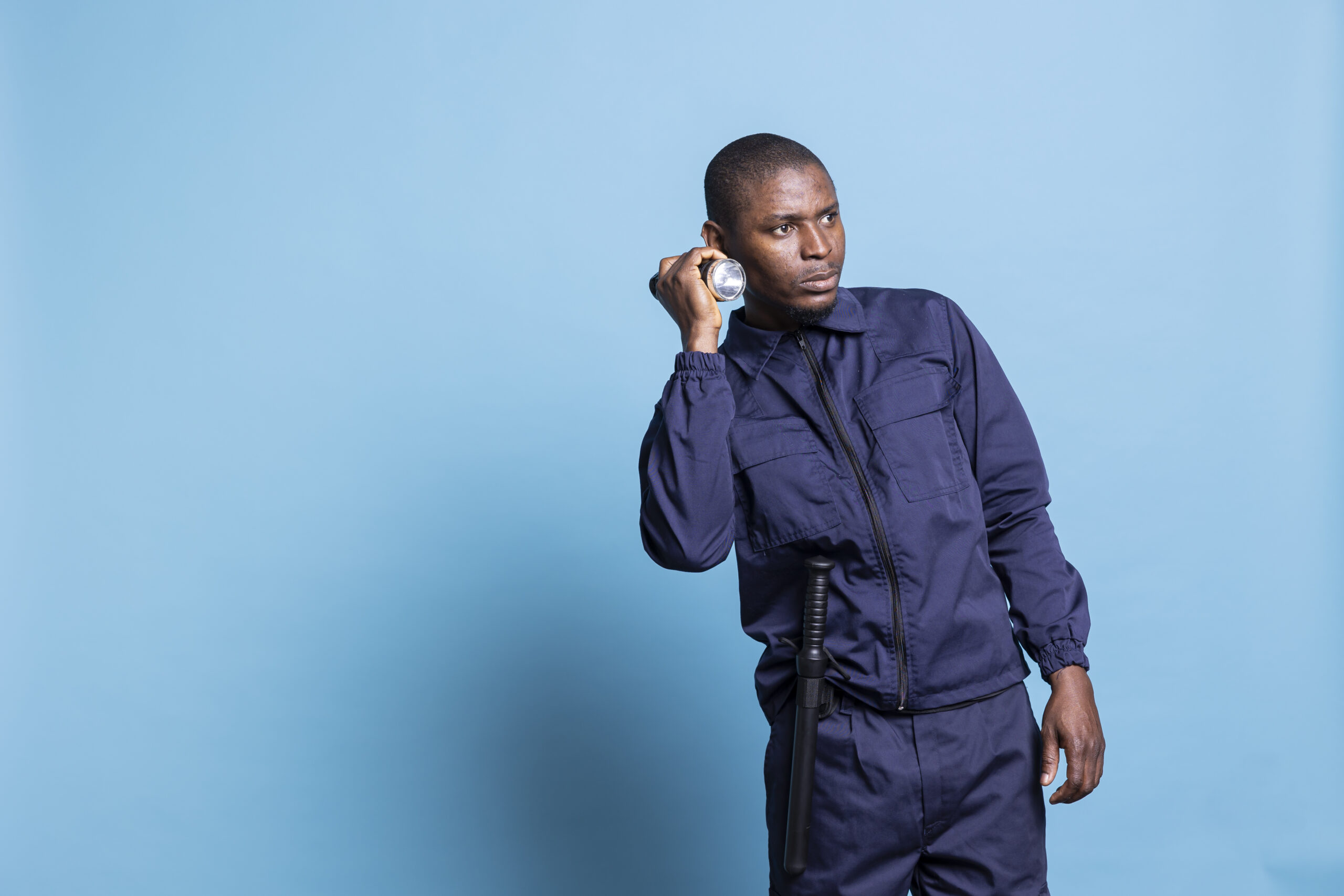 african american guard using a flashlight to inspect the perimeter in the dark