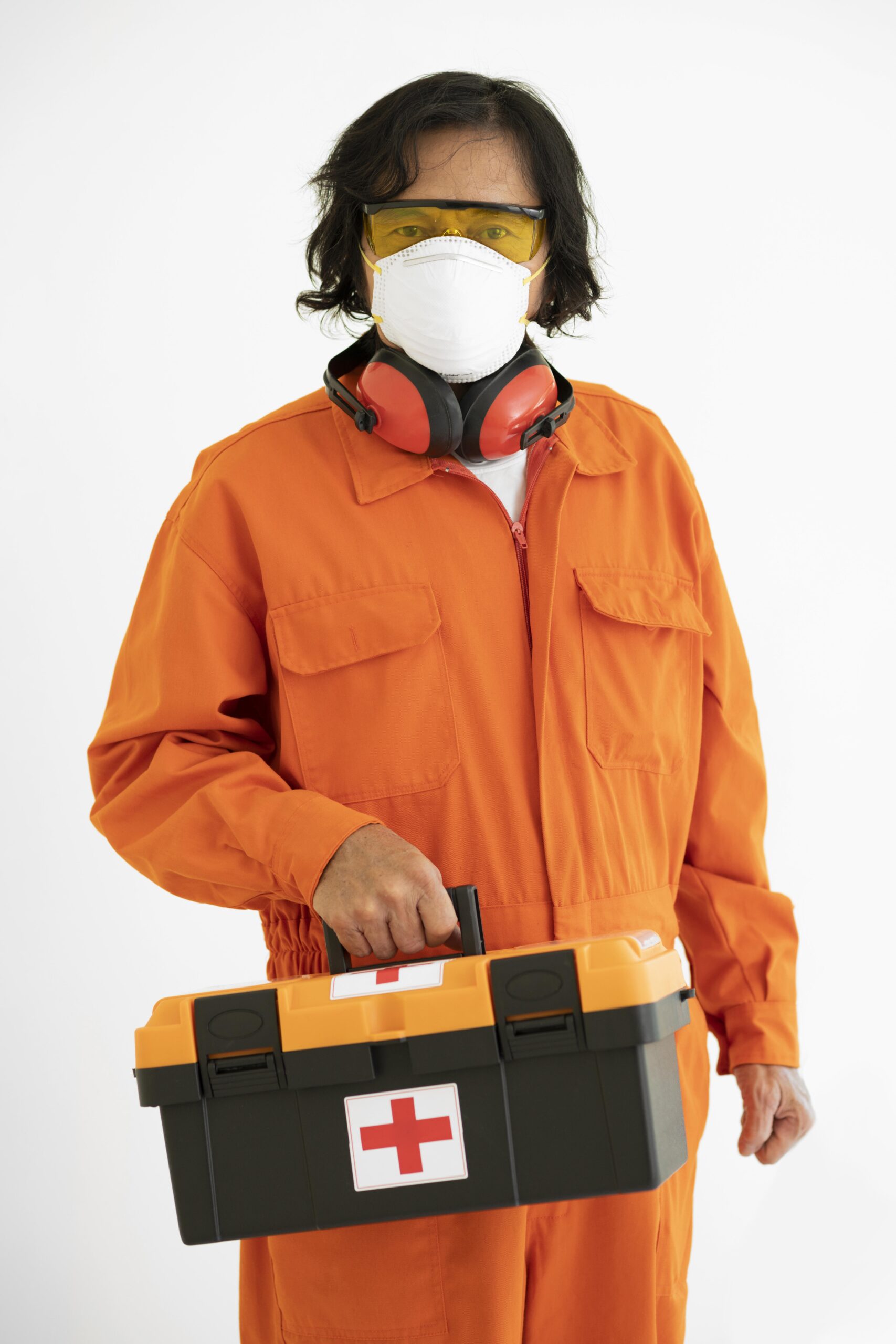 portrait man with safety protection equipment first aid kit